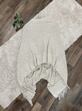 J.Jill One Size Beige Crochet Open Knit Fringe Wool Blend Poncho Sweater